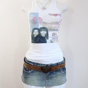 y2k peace sign hearts graphic tank white ribbed collage baby tee size S